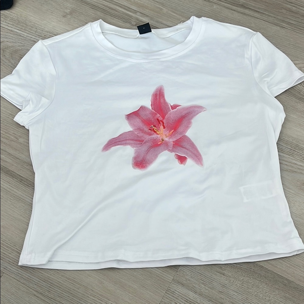 White T-Shirt with Pink Floral Design